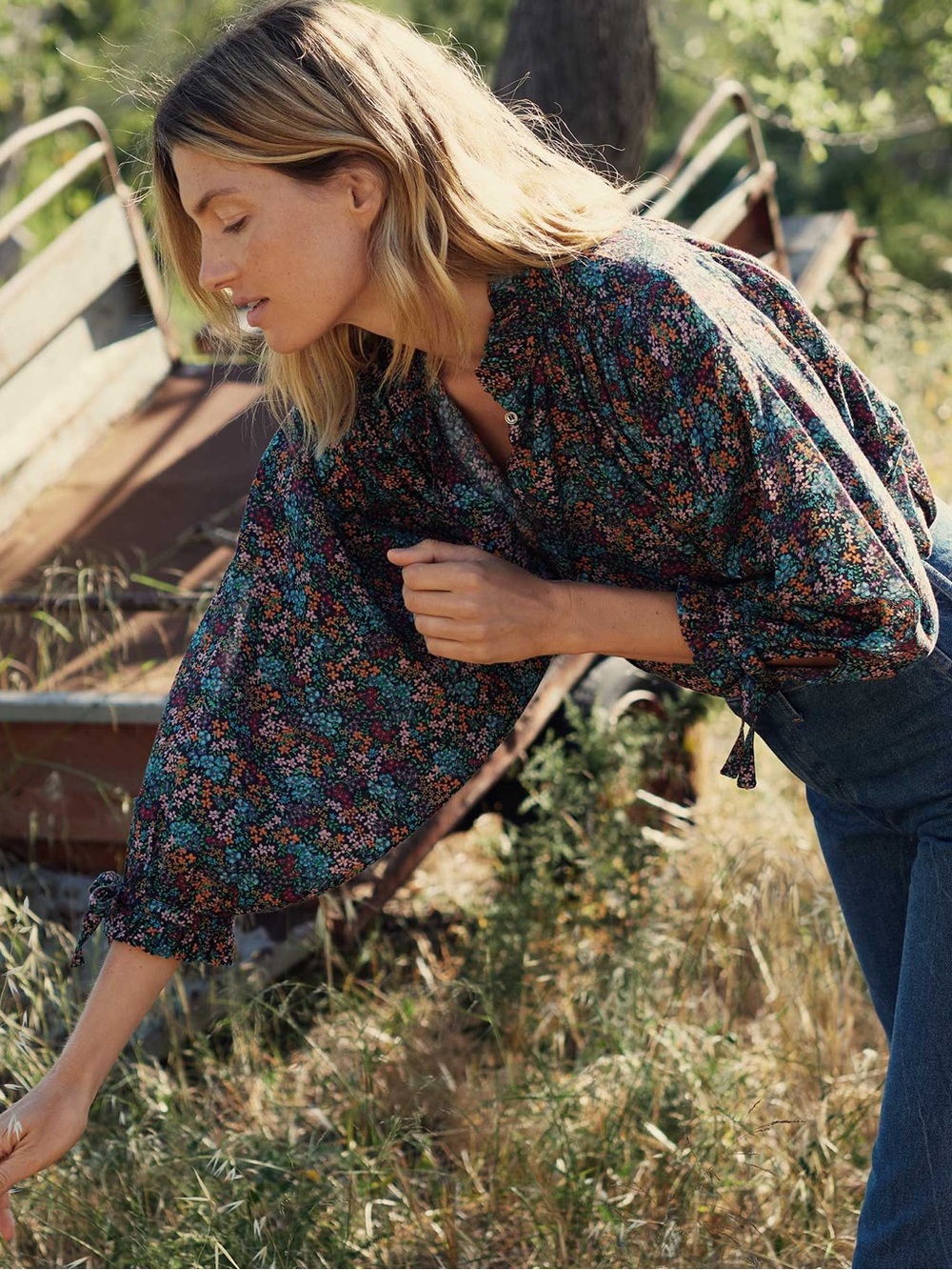 Doen Rose Top in Navy Lady Bird Floral Size XS Blouse Cottagecore Prairie Boho - Picture 14 of 17